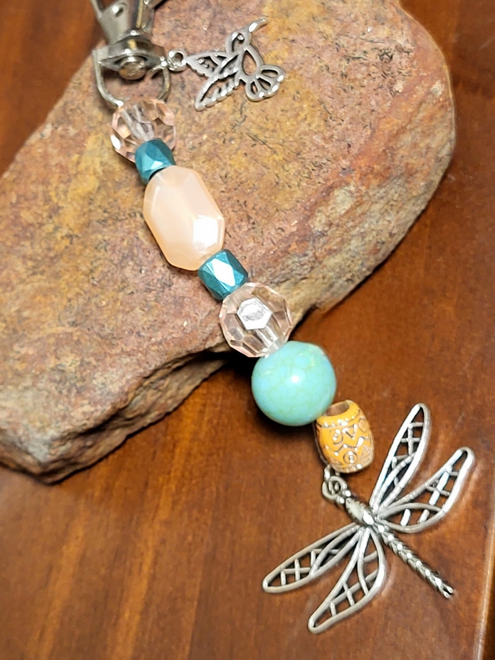 Dragonfly Charm Bag Bracelet in Turquoise, Peach & Yellow